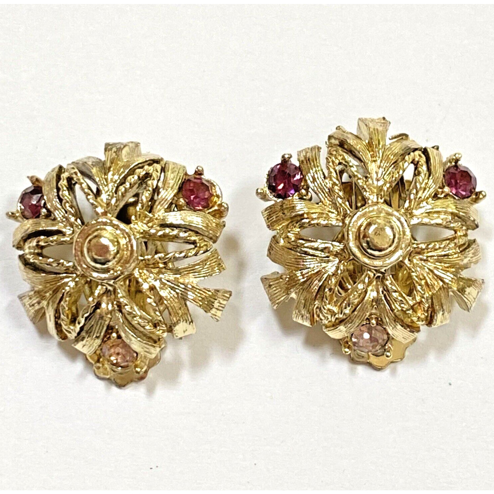 Vintage Clip On Earrings Classic Mid Century Ornate Gold & Purple Rhinestones